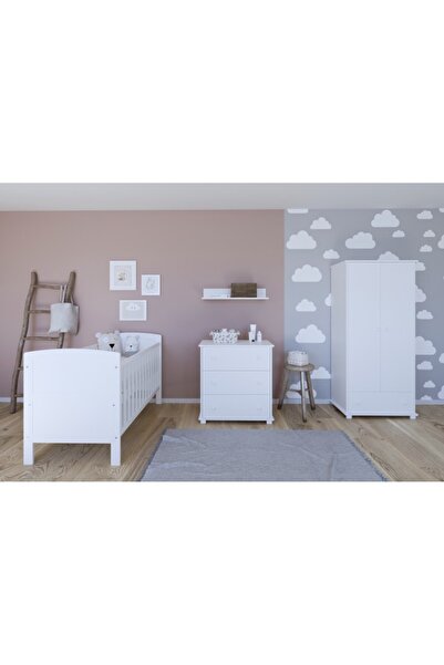 Nichiduta Patut din lemn Nichiduta Philip Alb 140x70cm cu Laterala detasabila,Sertar cu roti,Margine din silic