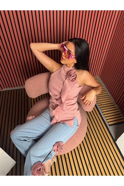 1Moda1Tarz Top Imported Lined Scuba Fabric Rose and Shawl Detail Blouse Bottom Imported Denim Side Rose Detail Special Design Suit