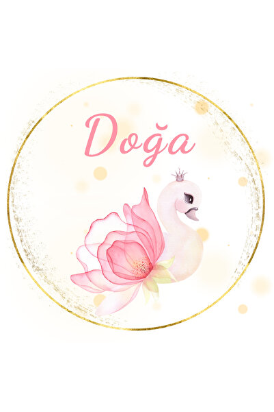 Pera İsme Özel Kuğu Tema Yuvarlak Bebek Sticker/Etiket 4 Cm 100 Adet