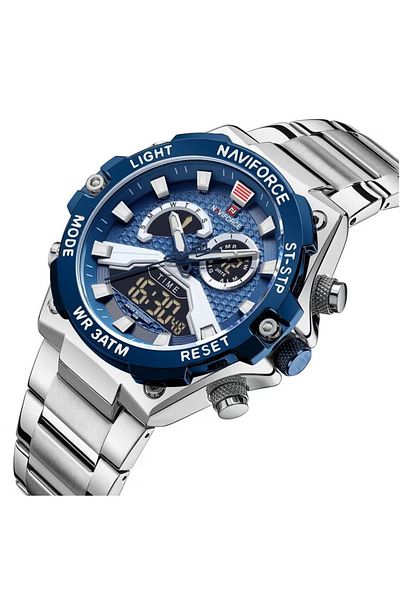 Naviforce Men's Sport Analog-Digital Watch – 44mm Stainless Steel Strap, Alarm & Date, Water Resistant