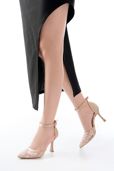 ETİLER COLLECTION K-404 Beige Mesh Flower Detailed Women's Heeled Shoes