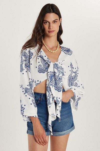 Tudors Γυναικεία Slim Fit μπλούζα με λεπτή εφαρμογή με λαιμόκοψη V με λεπτομέρεια με δέσιμο μπροστά