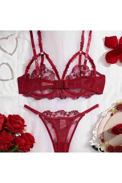 Eros Zone Premium Sexy 2 Piece Lingerie Rosalia Red: Bra and Thong with Floral Embroidery, Size S, Burgundy Red