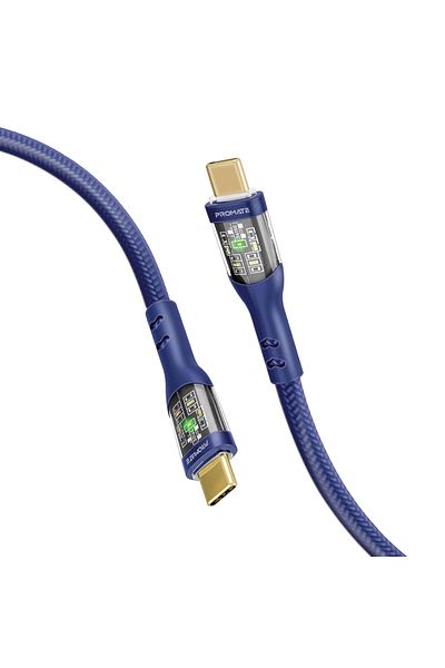 Promate كابل USB-C، كابل Type-C فائق السرعة، 60 واط مع شحن متزامن بسرعة 480 ميجابت في الثانية، غلاف شفاف أنيق