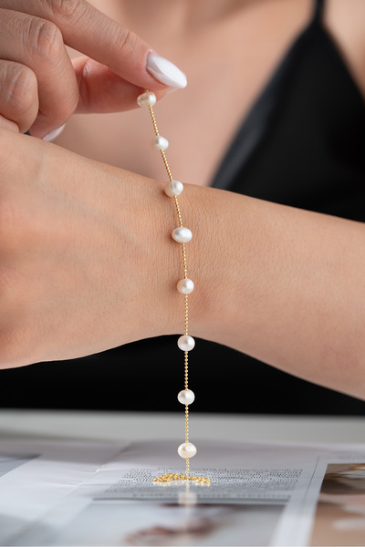 Silvano Jewelry 925 Ayar Gümüş İncili Zincir Bileklik