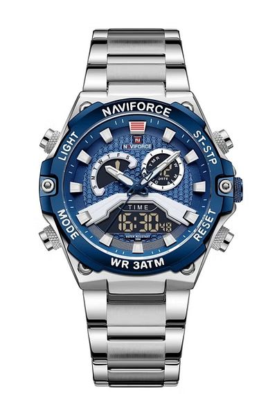 Naviforce Men's Sport Analog-Digital Watch – 44mm Stainless Steel Strap, Alarm & Date, Water Resistant
