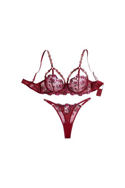 Eros Zone Premium Sexy 2 Piece Lingerie Rosalia Red: Bra and Thong with Floral Embroidery, Size XL, Burgundy Red