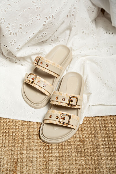 LAMİNTA Papuci de damă Bassa cu cataramă cu detalii din paie