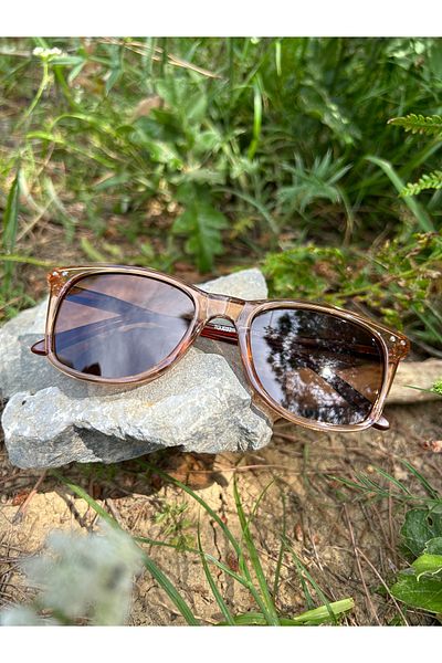 Ferrucci Brand Model Unisex Sunglasses with Brown Handle and Glass with Transparent Bronze Shiny Square Frame