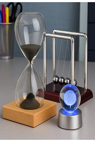Lexi Bella Dekoratif Ofis Hediyesi 3 Lü Masa Üstü Seti Newton Balans Kum Saat...