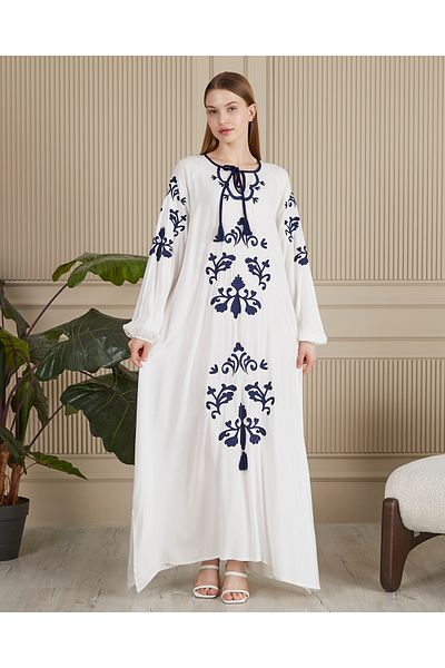 EL jadida Women's Embroidered Plus Size Long Viscose Dress White