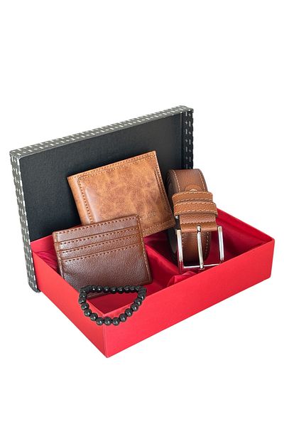 Tisaati Premium Series Special Boxed Luxury Leather Horizontal Wallet Belt and Bracelet Men's Set