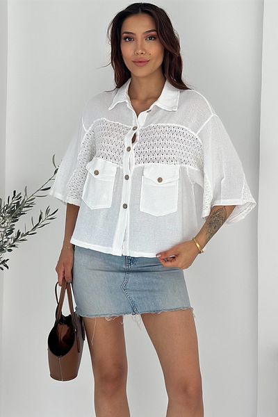 FEMELLE Women's White Standard Size Bat Sleeve Mesh Lace Detailed Poncho Shirt