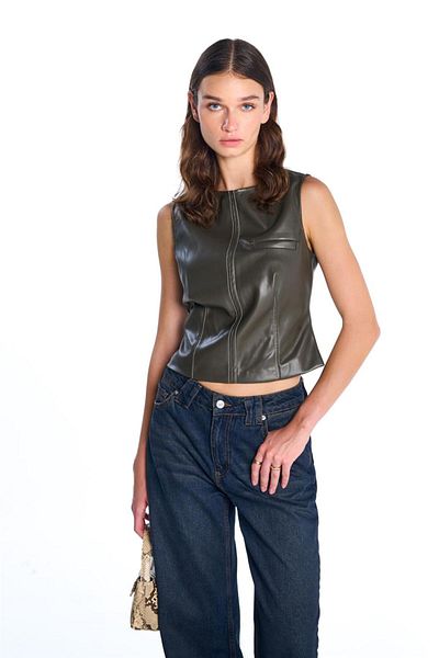 SHERIN Χακί τεχνητό δέρμα Crop Top