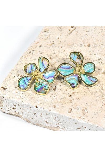 NARRU Handmade NARRU earrings, flower with metal edge, green, blue, purple, white, Ava