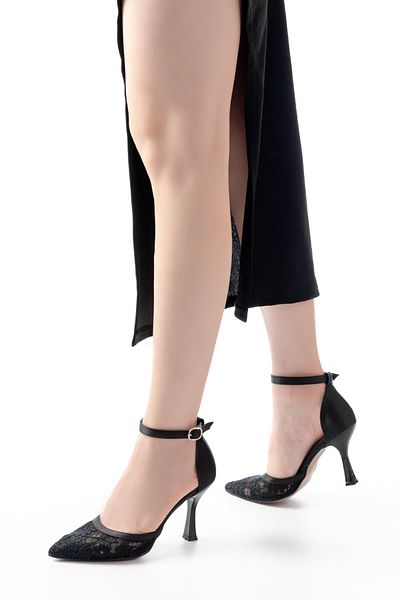 ASFSTORE K-404 Black Mesh Flower Detailed Women's Heeled Shoes