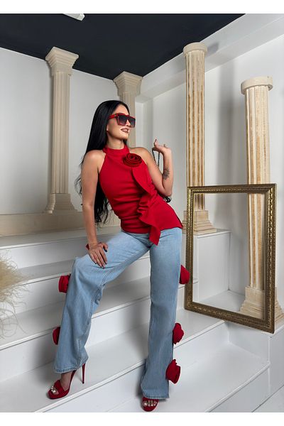 1Moda1Tarz Top Imported Lined Scuba Fabric Rose and Shawl Detail Blouse Bottom Imported Denim Side Rose Detail Special Design Suit