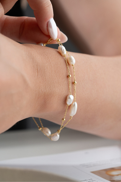 Silvano Jewelry 925 Ayar Gümüş Çift Sıra İncili Zincir Bileklik