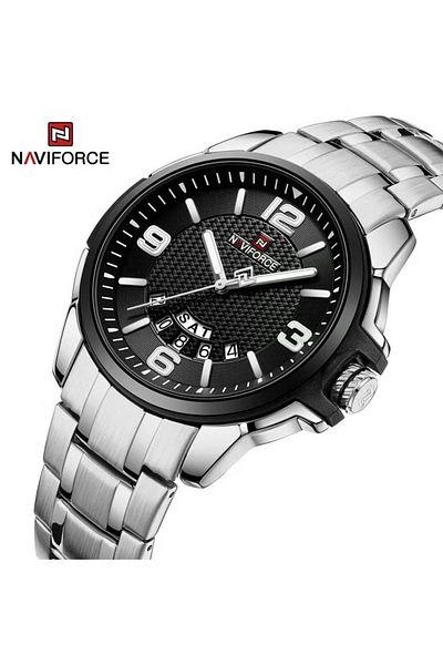 Naviforce Men's Black Dial Stainless Steel Watch – 41mm Analog Quartz, Day & Date Display, Waterproof