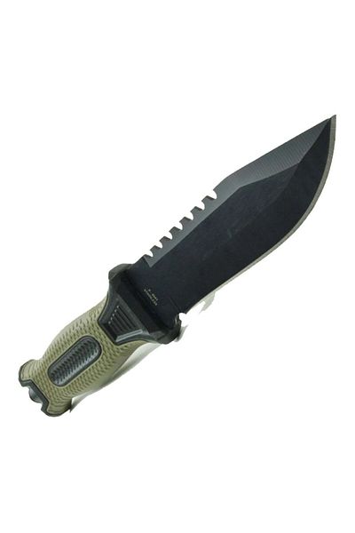 dalimag Cuțit de vânătoare cu lamă zimțată și mâner verde antiderapant, 25 cm, Dalimag