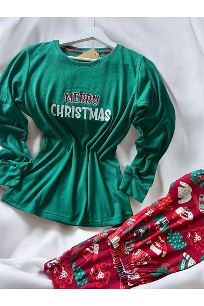 seamlife Women's Cotton Thermal Fabric Green Red New Year Themed Christmas Patterned Long Sleeve Pajama Set