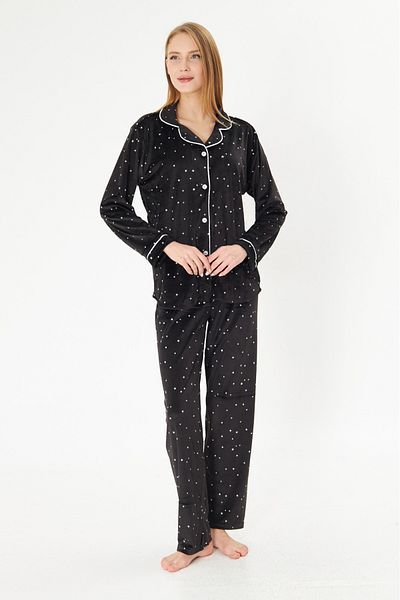 seamlife Women's Cotton Luxury Velvet Black Star Pattern Shirt Collar Buttoned White Piping Pajama Set