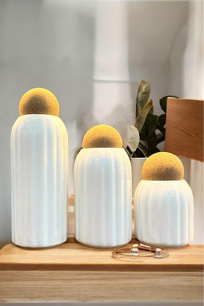Sezka Life Set of 3 Striped Ceramic Jars and Spice Jars with Cork Ball Lid