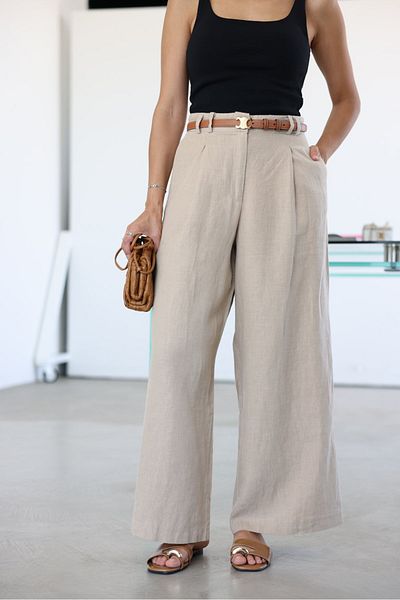 Özge Özgenç Wide Leg Linen Trousers with Pens
