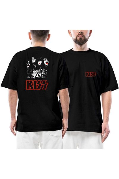 Z zepplin Kiss Rock The House Μπροστινό Πίσω Μπλουζάκι με στάμπα μαύρο oversize