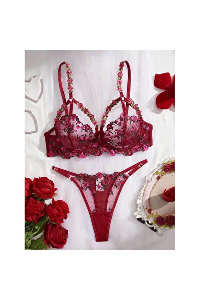 Eros Zone Premium Lenjerie Sexy 2 Piese Rosalia Red: Sutien Si Tanga Cu Broderie Florala, Marime Xl, Rosu Burgundy