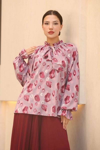 lodmela Tie Detail Gathered Blouse 6028-Lilac/Burgundy