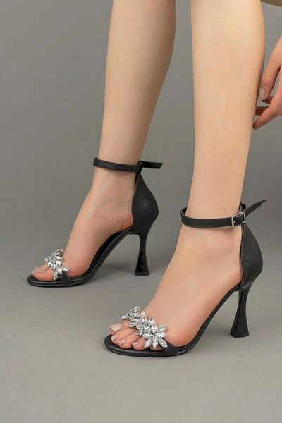 Freemax Women's Stoned High Classic 10 cm Heeled Evening Dress Satin Shoes Satin Black