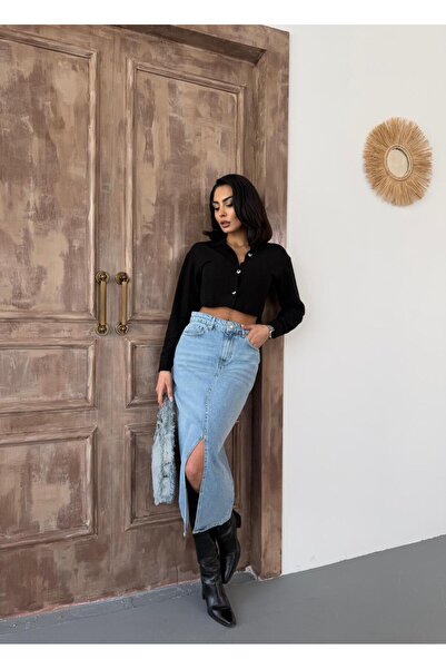 Zeo Basic KADIN MİDİ BOY ÖN YIRTMAÇLI AÇIK MAVİ KOT ETEK