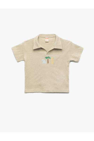 Koton Embroidery Detailed Short Sleeve Polo Neck Cotton T-Shirt