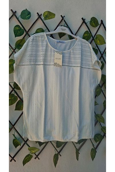 MODA Ecru Lined Scalloped Low Sleeve Plus Size Superfine Blouse