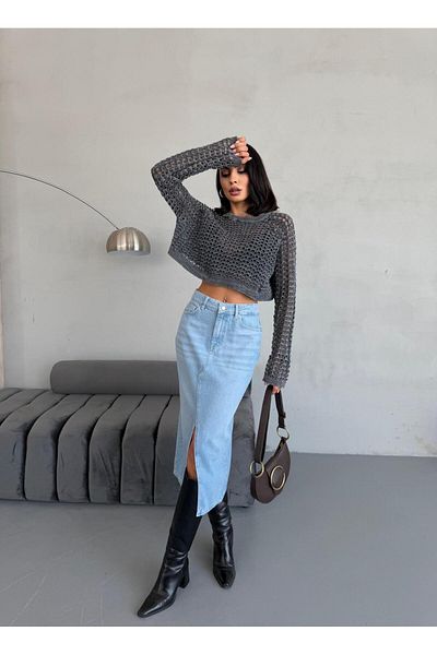 Zeo Basic FUSTA DE DENIM ALBASTRU PROASPAT DE LUNGIME MIDI PENTRU FEMEI