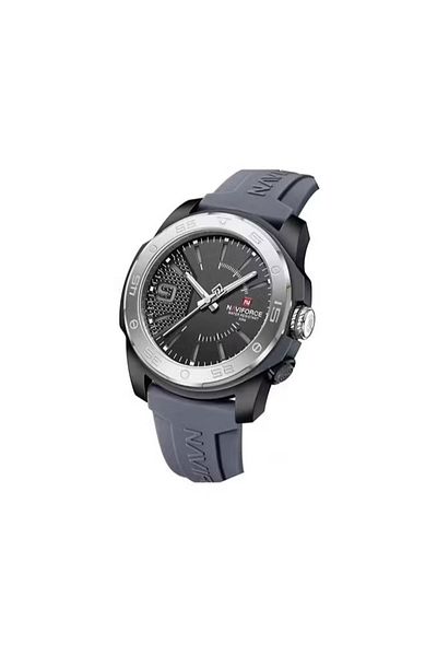 Naviforce Men's Rugged Quartz Watch – 43mm Textured Black Dial, Grey Silicone Strap, Water Resistant