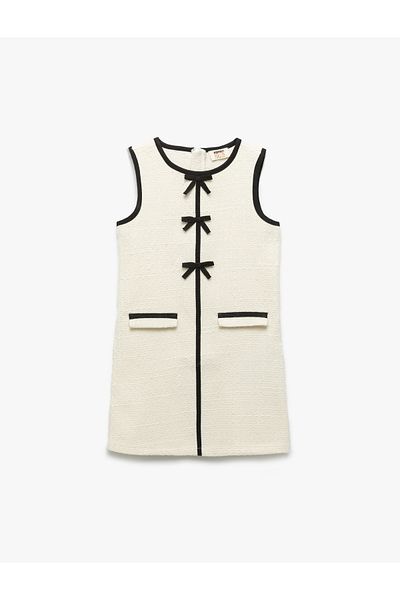 Koton Bow Detailed Crew Neck Sleeveless Tweed Dress