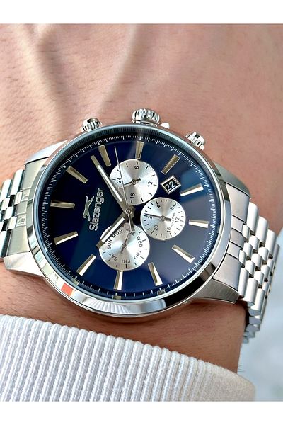 Slazenger Silver-Navy Blue Color 10 Atm Waterproofness Steel Cord Steel Case Men Wrist Watch 1812.03Mr