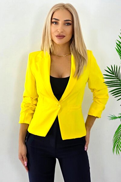 FashionForYou Sacou elegant Gisela, maneca cu fronseu si croi scurt, Galben