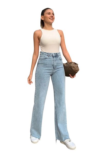 byhaziran butik Anastas Young Girl Light Blue Snow Wash High Waist Lycra Casual 90's Loose Leg Jeans
