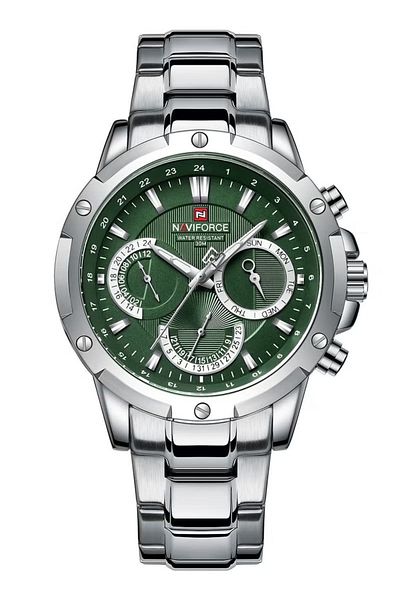 Naviforce Men's Green Dial Quartz Watch – 42mm Stainless Steel Strap, Multi-Function Display, Waterproof