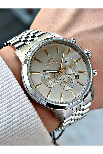 Slazenger Silver Color 10 Atm Waterproofness Steel Cord Steel Case Men Wristwatch 1812.11Mr