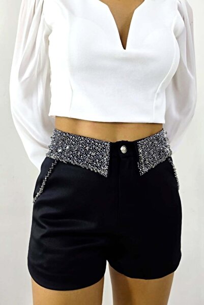 FashionForYou Κομψό σορτς MAVY, με αξεσουάρ από κρύσταλλα και χειροποίητες λεπτομέρειες, μαύρο