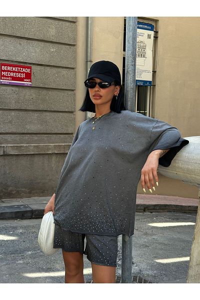 Bliss Set de pantaloni scurți de damă, model Stone, țesătură lavabilă, set de vară oversize cu croiala confortabilă