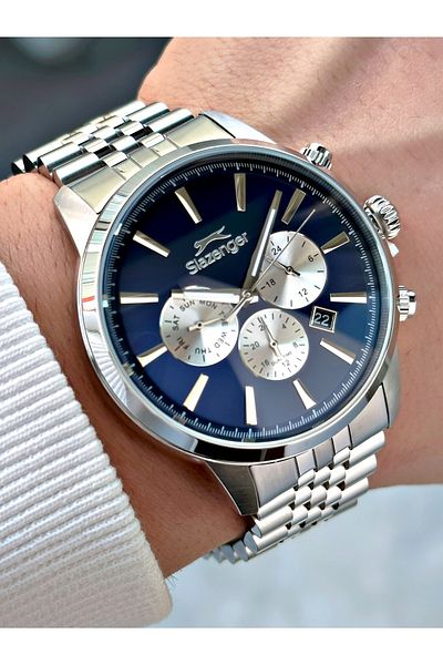 Slazenger Silver-Navy Blue Color 10 Atm Waterproofness Steel Cord Steel Case Men Wrist Watch 1812.03Mr