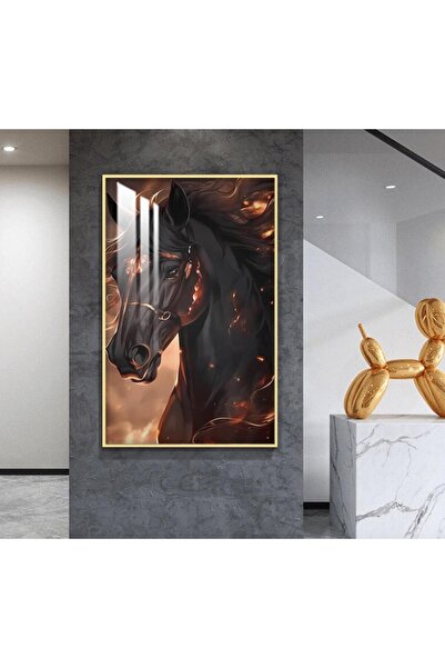Marktna لوحة جدارية خشبية بتصميم حصان مع برواز ذهبي و طبقة من الاكرليك الشفاف