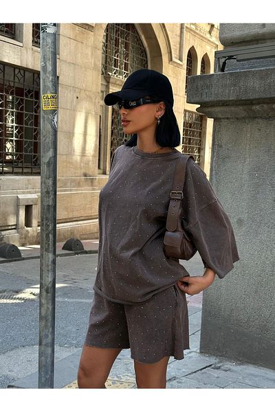 Bliss Γυναικείο κοστούμι με σορτς με πέτρες, καλοκαιρινό κοστούμι υπερμεγέθης άνετη εφαρμογή
