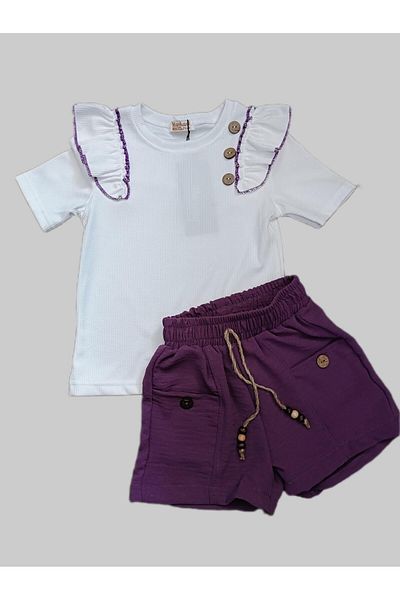 Kamex Aerobin Shorts T-Shirt (T-Shirt) Summer Button Ruffle Detail Girl's Set