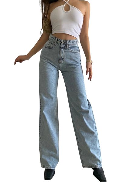 byhaziran butik Livia Women's Blue Snow Wash High Waist Lycra Wide Leg Jeans